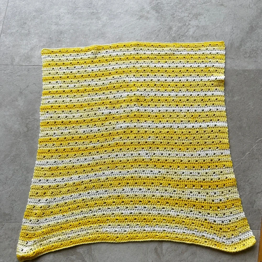 Handmade Crochet Baby Blanket Yellow White Striped Knit Nursery Throw 28x30